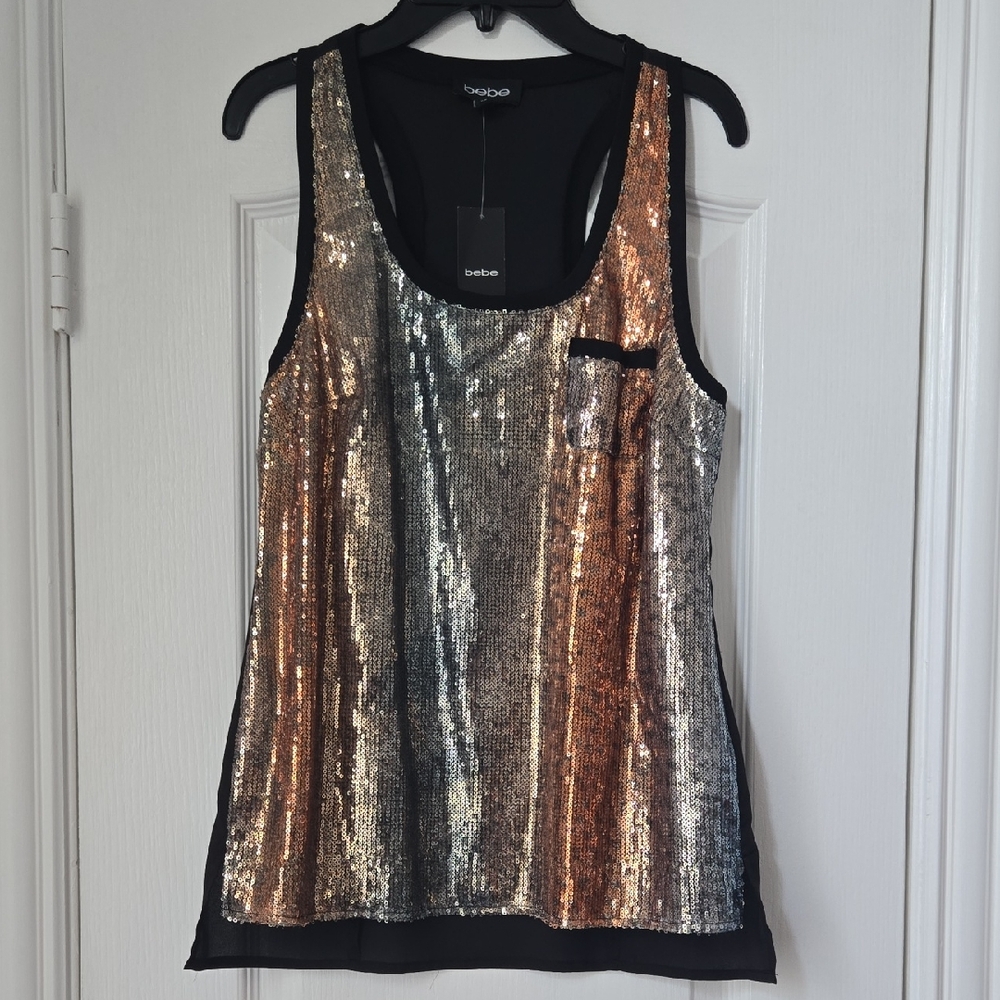 Bebe Metallic Gold And Silver Sequin Tank Top With Black Back - Size XS - NWT